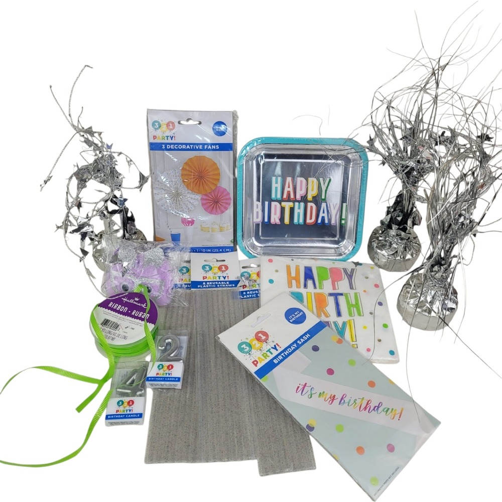 321 Party Birthday Decoration Lot Plates Napkins Sash Candles Etc Silver Rainbow